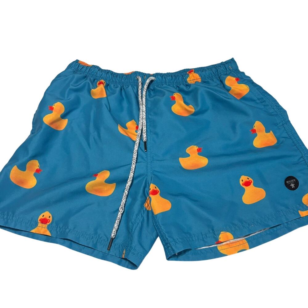Molokai Surf Co Duck Print Swim Trunks Mens Medium Blue Beach Shorts